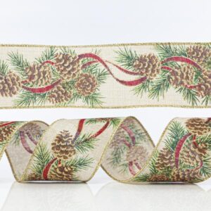 BEIGE RIBBON WITH PINE CONES AND GOLD GLITTER