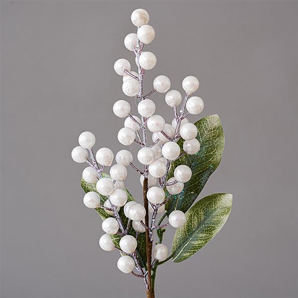 BRANCH WITH WHITE DECORATIVES AND GREEN LEAVES