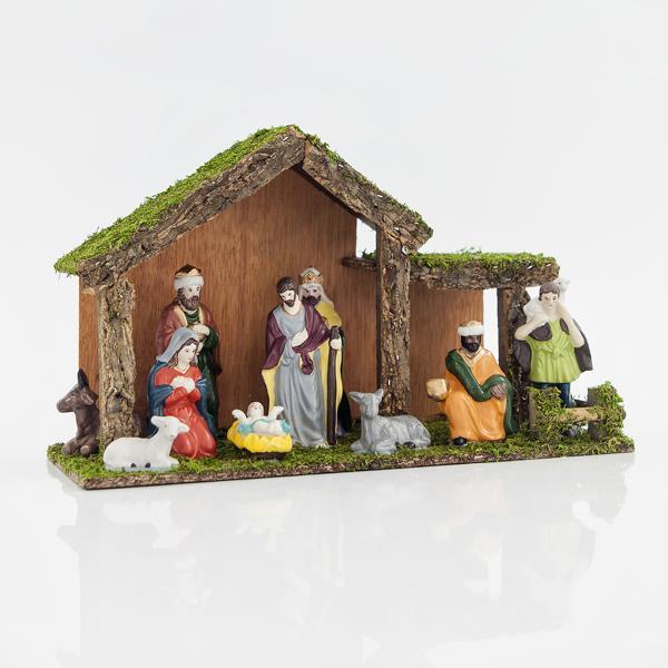 WOODEN MANGER WITH 10 PORCELAIN FIGURES