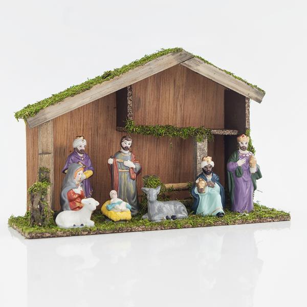 WOODEN MANGER WITH 8 PORCELAIN FIGURES