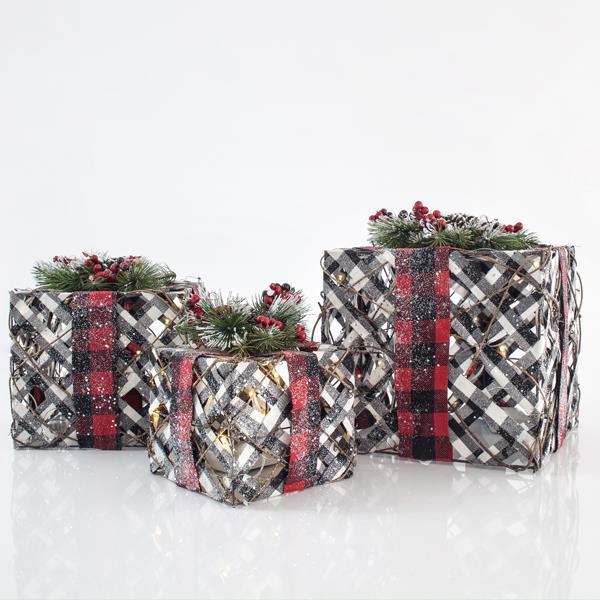 LIGHTED GIFT BOXES WITH WHITE - BLACK CHECKERED PATTERN