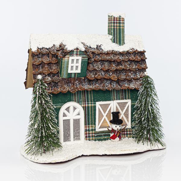 LIGHTED HOUSE WITH SNOWMAN